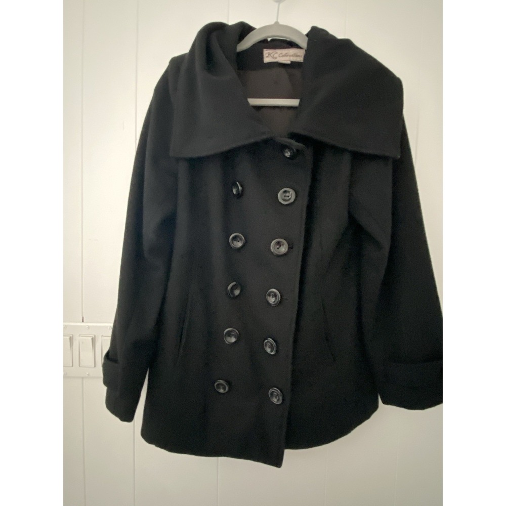 KC Collections Black Wool Blend Double‎ Breasted Pea Coat - Size Large